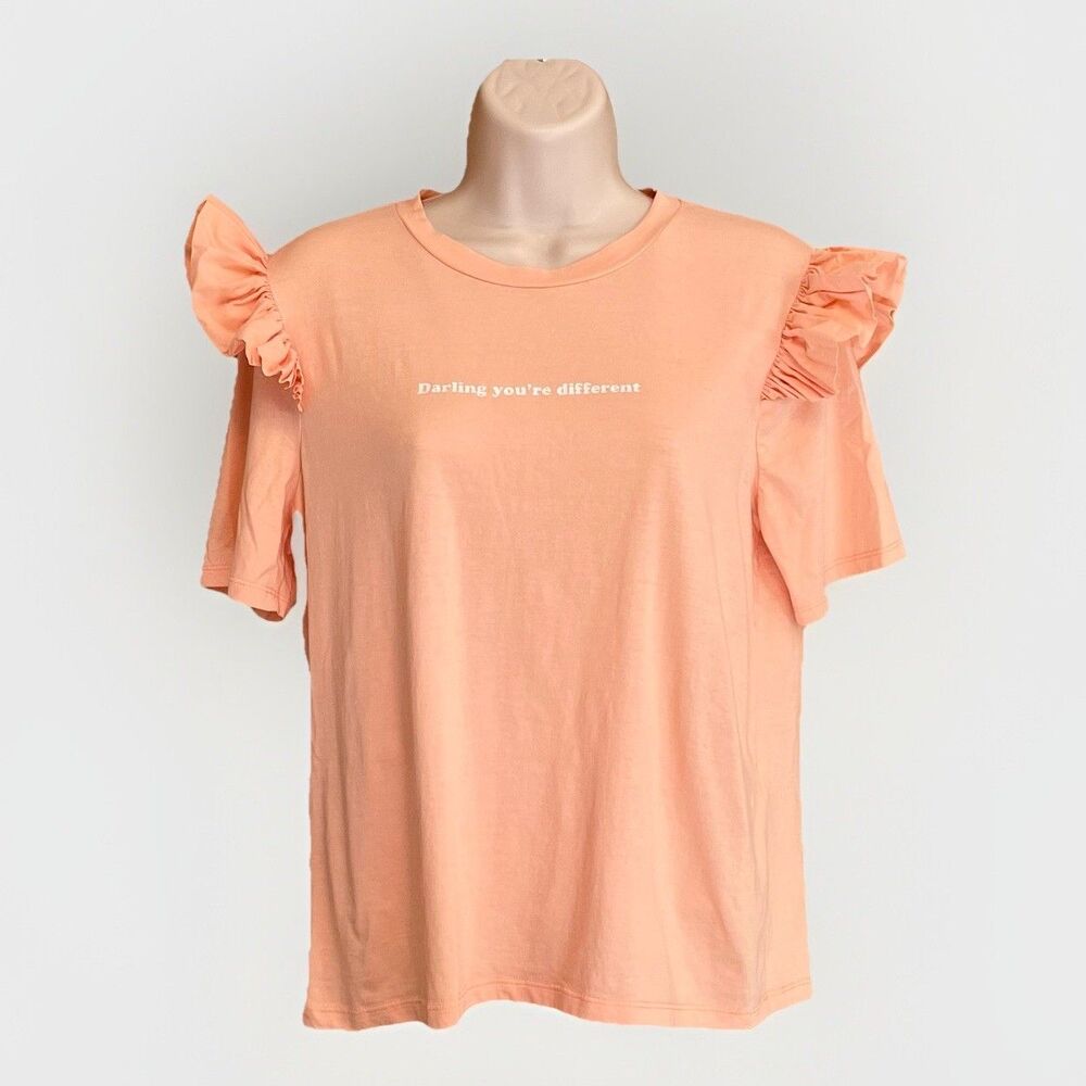 Zara Ruffle Short Sleeve Graphic Logo T Shirt Pastel Womens S Orange Peach Girly